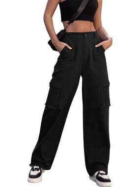 Women's Black Combat Military 6 Pockets Wide Leg Casual High Waisted Cargo Pants